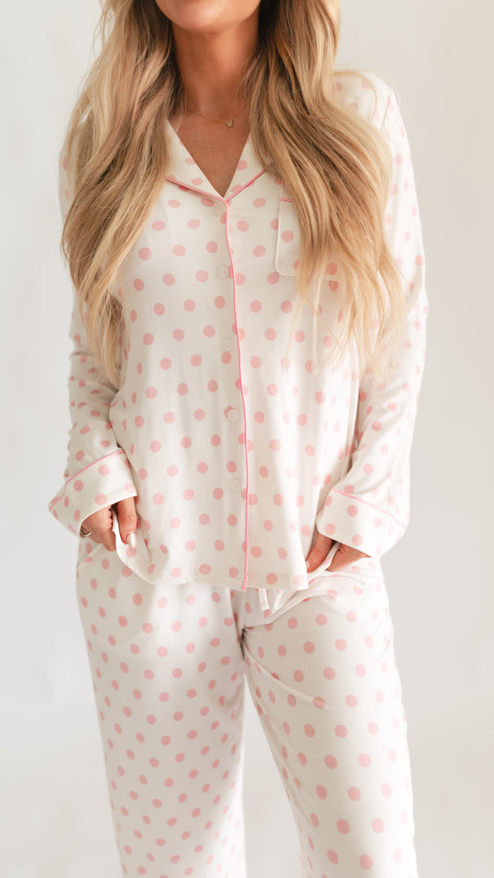 Women's Button Up Set In White & Pink Polka Dot
