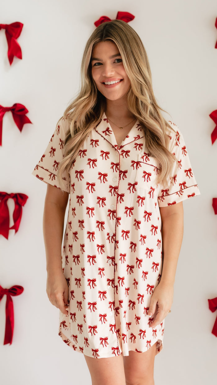 Women's Ribbed Button Down Dress In Classic Bows
