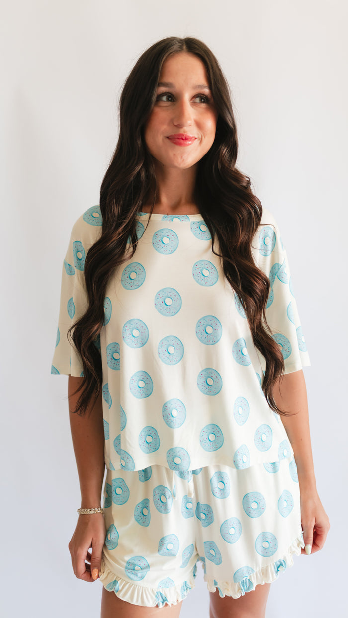 Women’s Ruffle Short Set in Blue Donuts