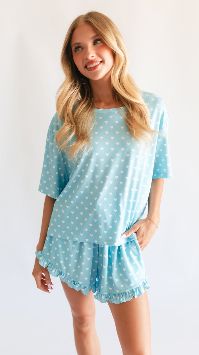 Women’s Ruffle Short Set in Blue Hearts