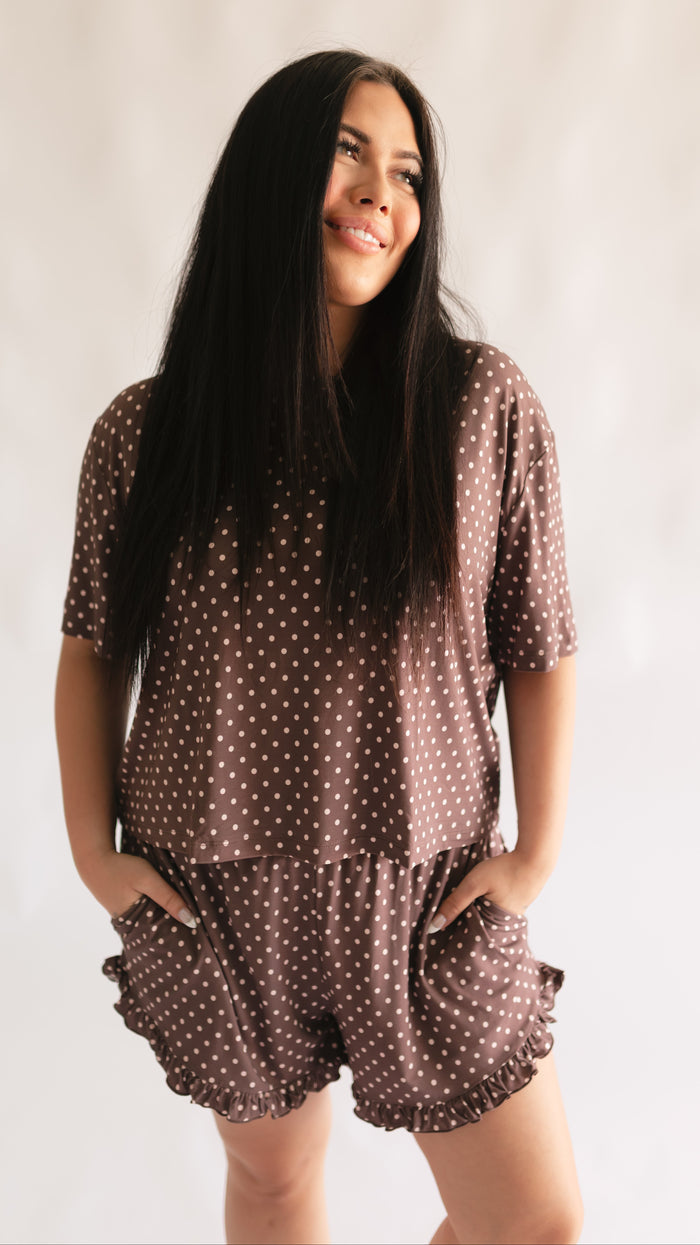 Women's Ruffle Short Set in Brown & Pink Polka Dot