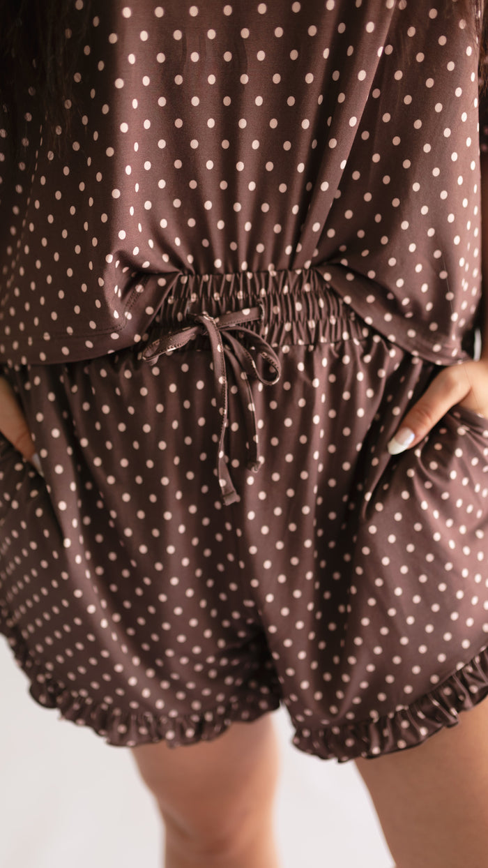 Women's Ruffle Short Set in Brown & Pink Polka Dot