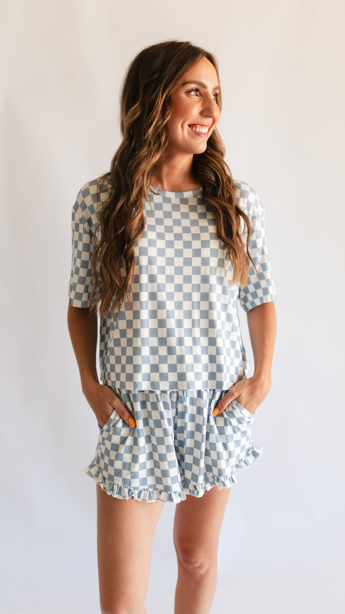 Women’s Ruffle Short Set in Cornflower Blue Checkered