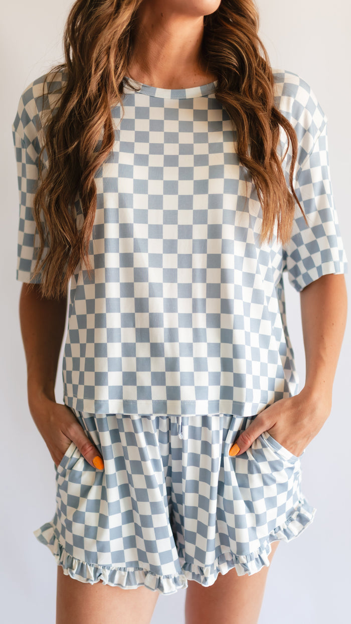 Women’s Ruffle Short Set in Cornflower Blue Checkered
