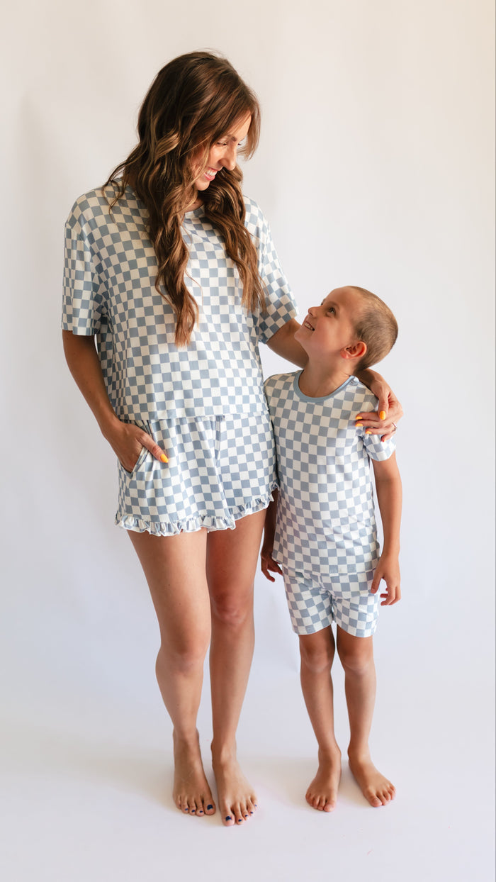 Women’s Ruffle Short Set in Cornflower Blue Checkered