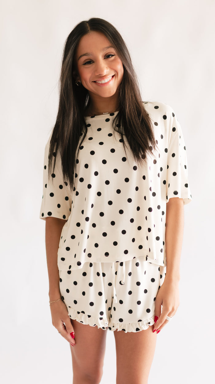 Women's Ruffle Short Set in Cream & Black polka dots