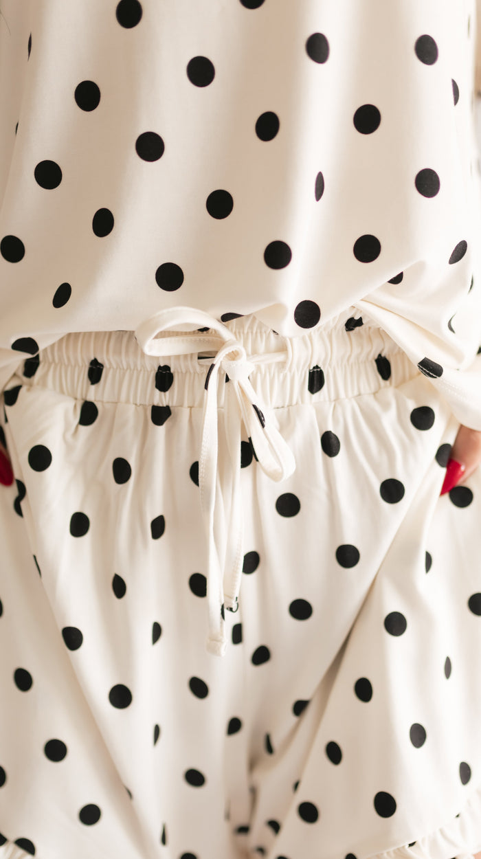 Women's Ruffle Short Set in Cream & Black polka dots