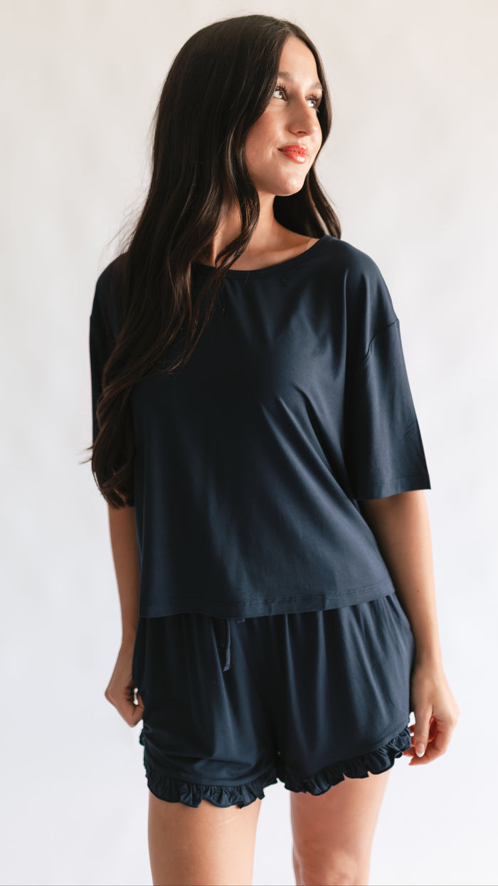 Women’s Ruffle Short Set in Navy