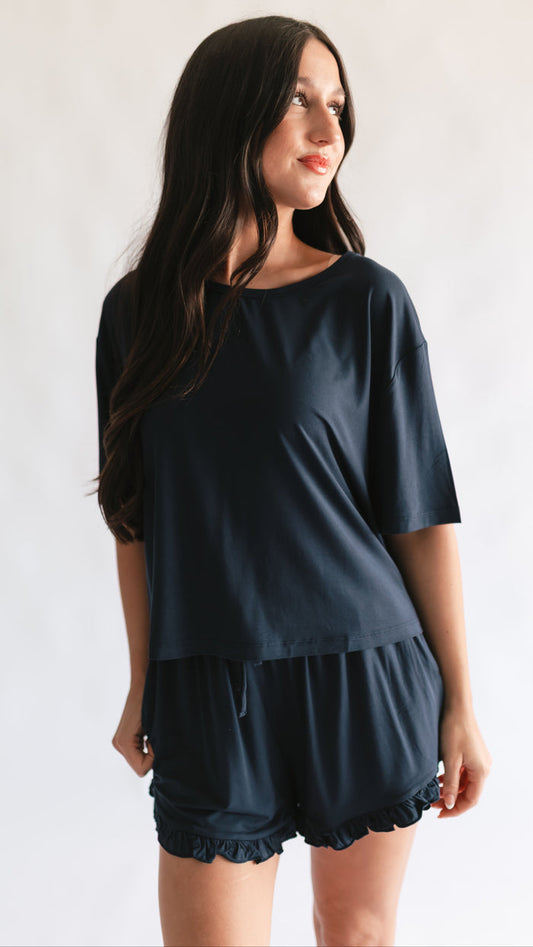 Women’s Ruffle Short Set in Navy