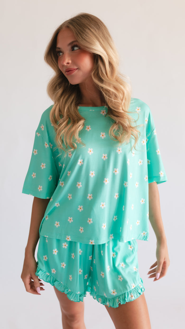 Women’s Ruffle Short Set in Neon Flowers