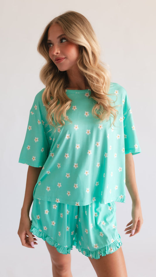 Women’s Ruffle Short Set in Neon Flowers