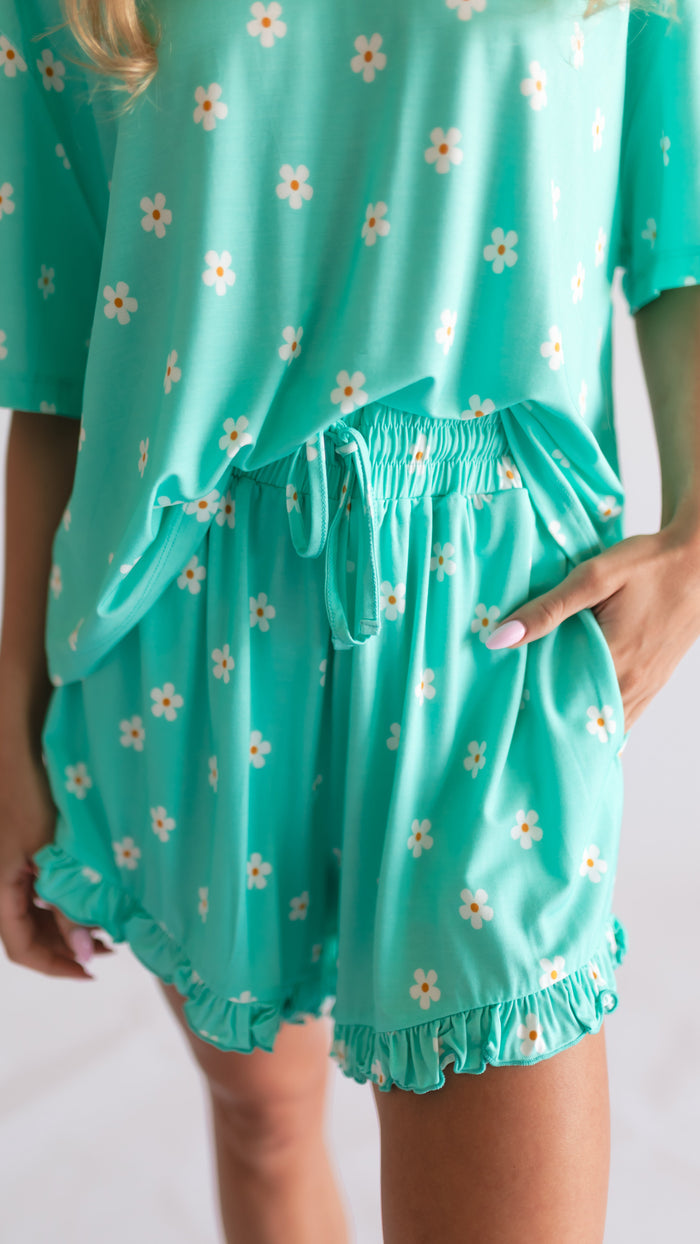 Women’s Ruffle Short Set in Neon Flowers