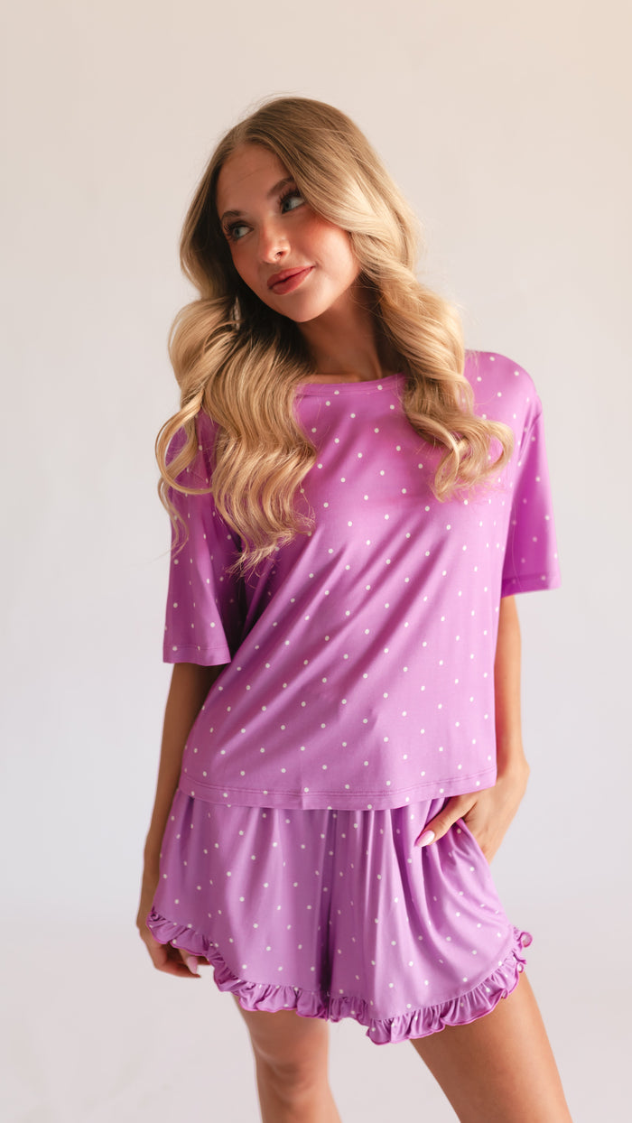 Women’s Ruffle Short Set in Neon Purple Polka Dot