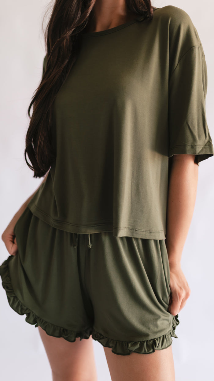 Women’s Ruffle Short Set in Olive