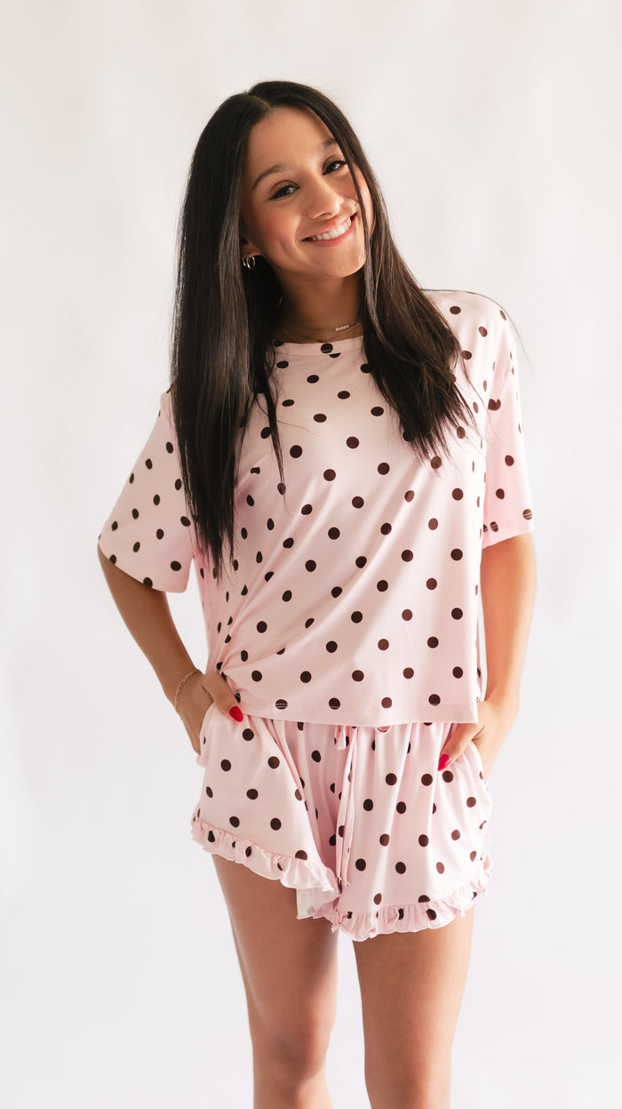 Women's Ruffle Short Set in Pink & Brown Polka Dot