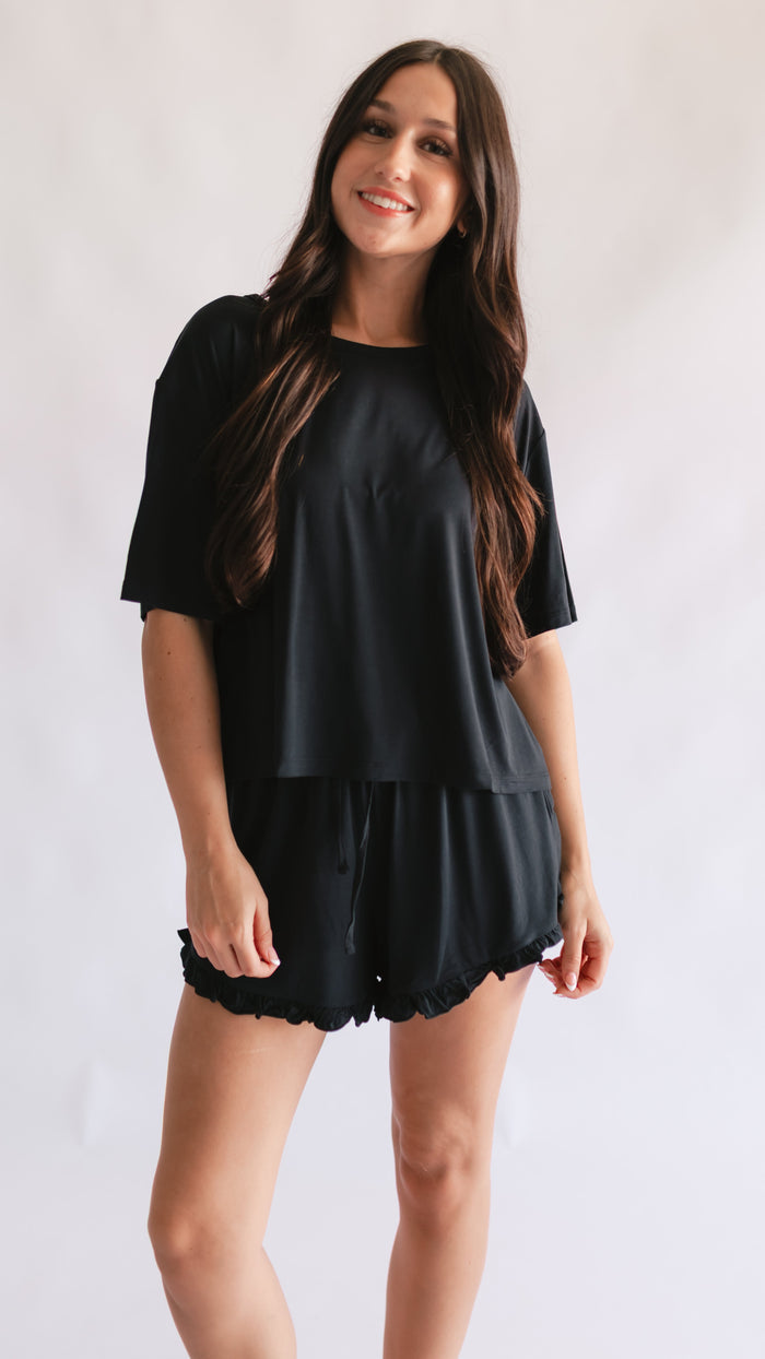 Women’s Ruffle Short Set in Solid Black