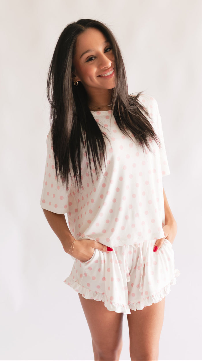 Women's Ruffle Short Set in White & Pink Polka Dot