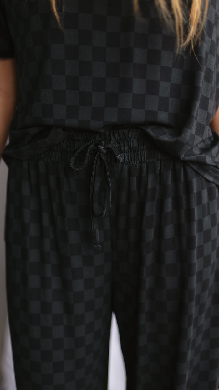 Women's T-Shirt and Pants Set in Grey + Black Checkered