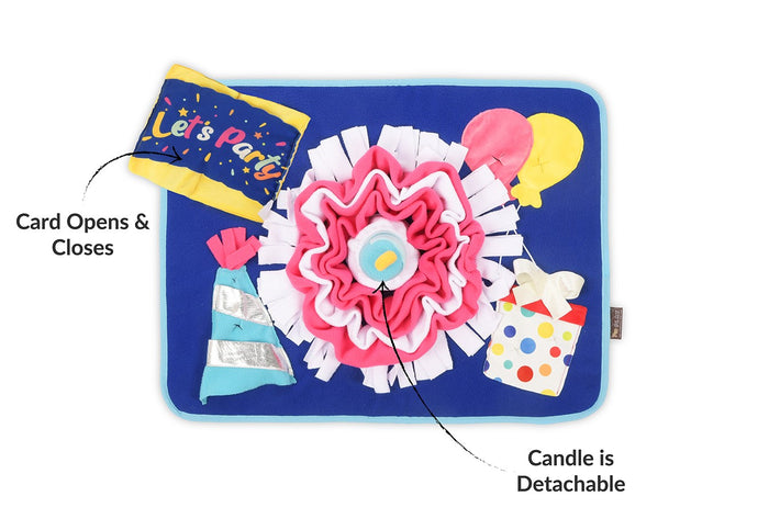 P.L.A.Y. Woof-day Celebration Snuffle Mat - features pointed out like detachable candle and opening card