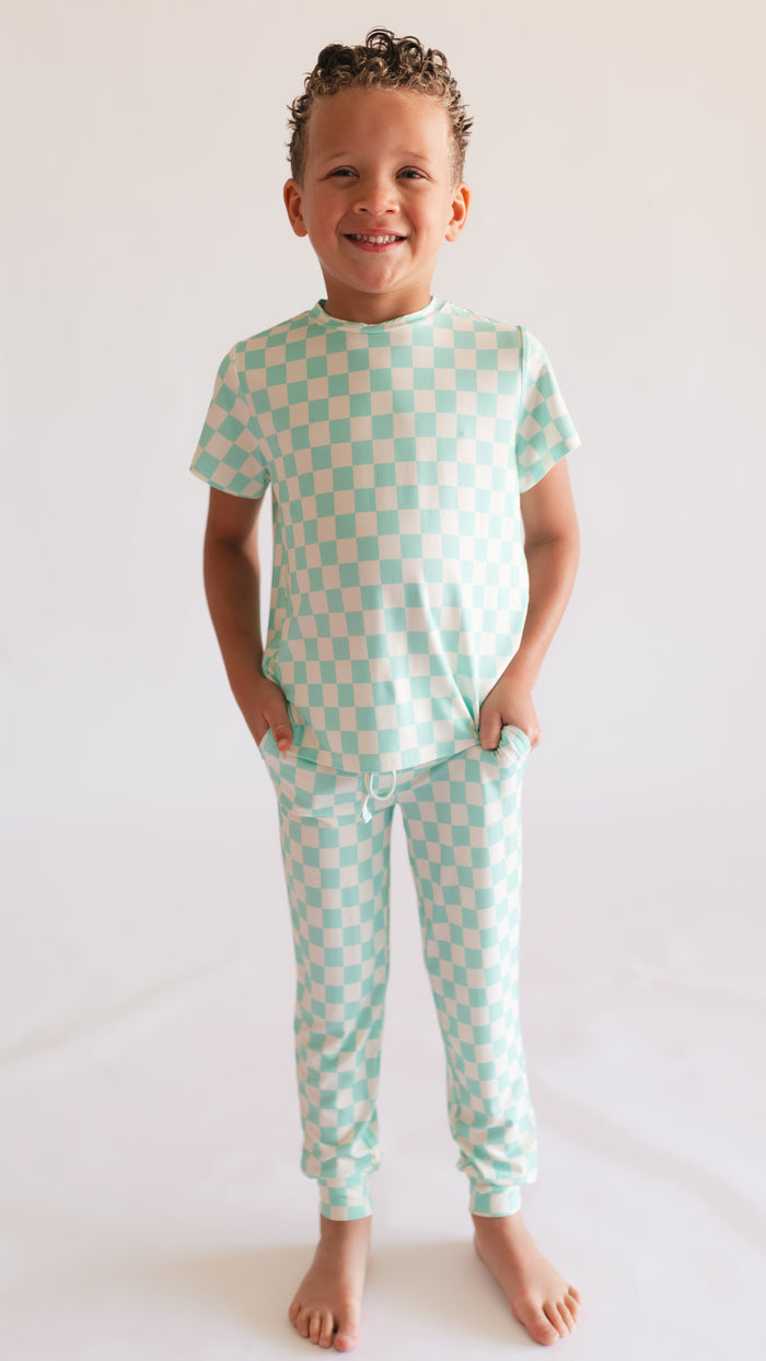 Youth Jogger Set In Teal Neon Checkered
