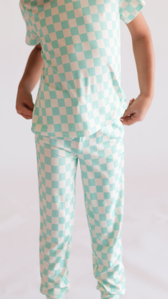 Youth Jogger Set In Teal Neon Checkered
