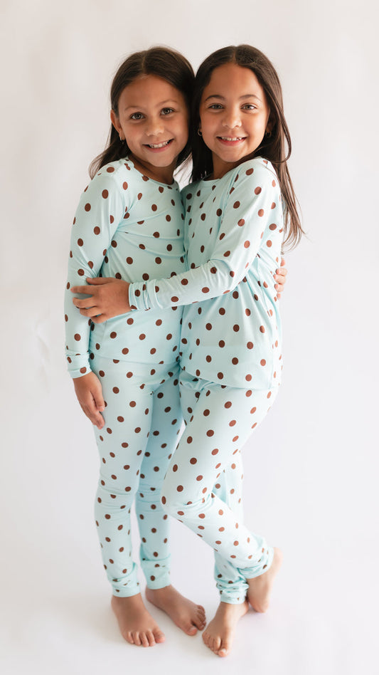 Youth Pajama Set in Blue & Brown Polka Dot