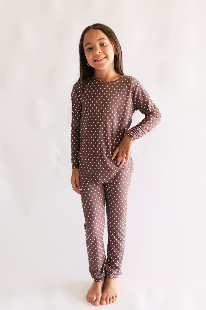 Youth Pajama Set in Brown & Pink Polka Dot