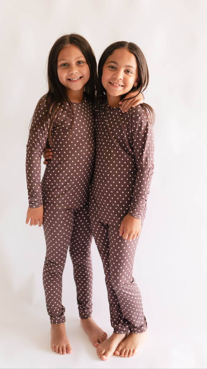 Youth Pajama Set in Brown & Pink Polka Dot