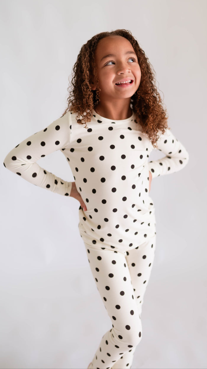 Youth Pajama Set in Cream & Black polka dot