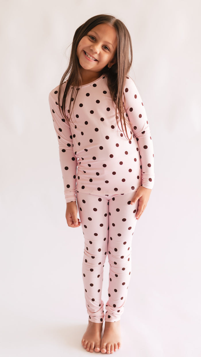 Youth Pajama Set in Pink & Brown Polka Dot