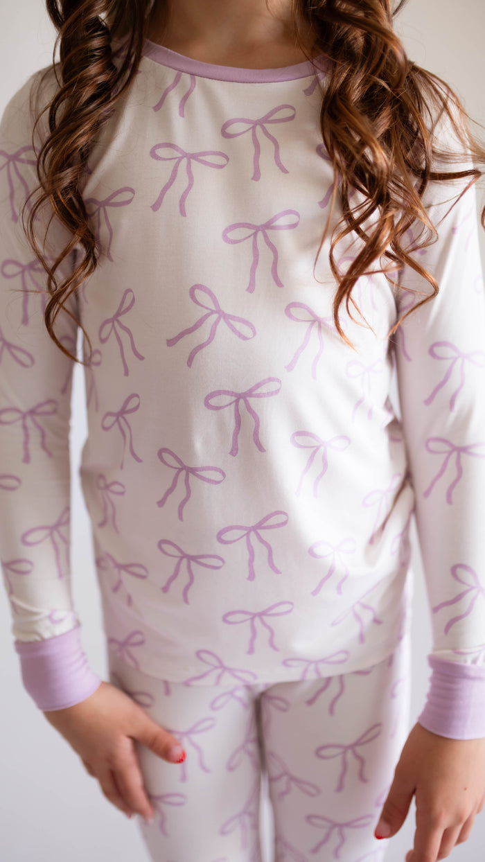 Youth Pajama Set in Purple Bows