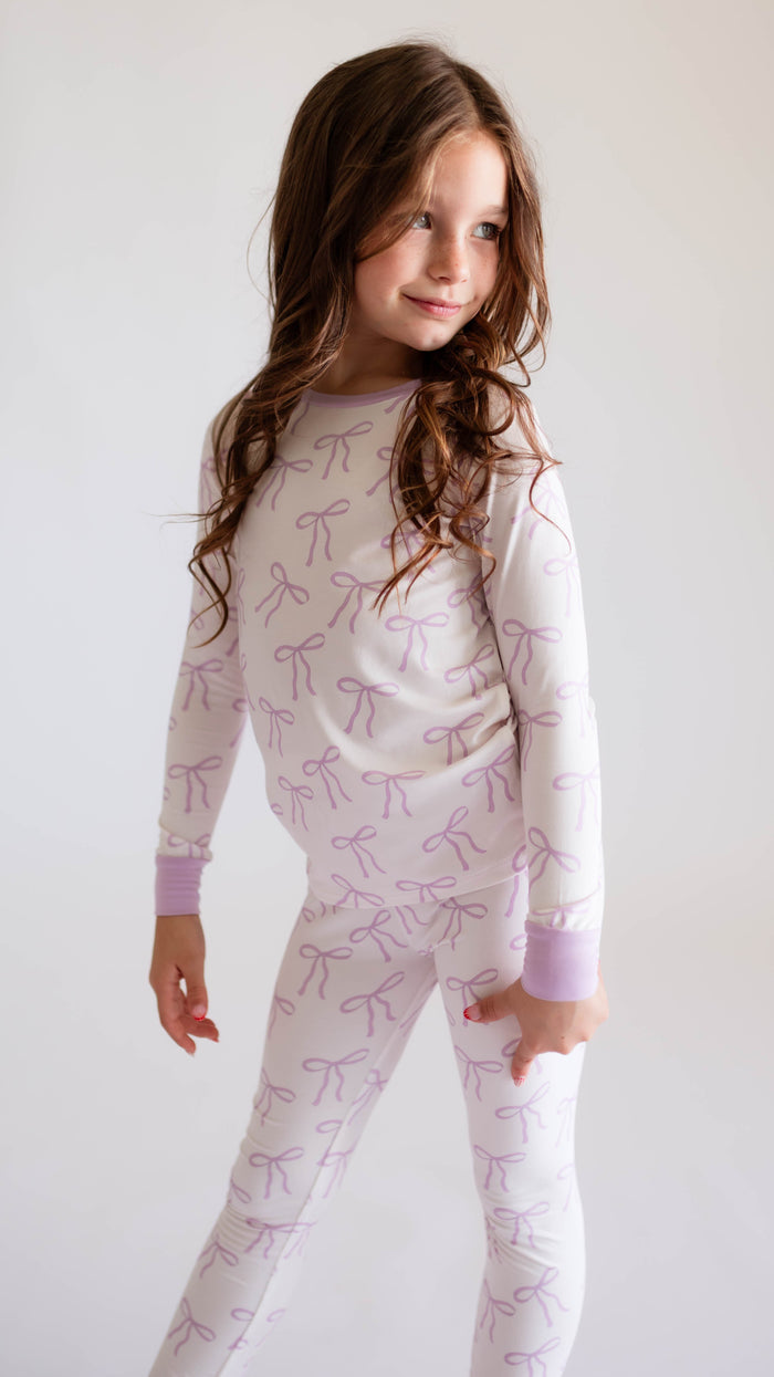 Youth Pajama Set in Purple Bows