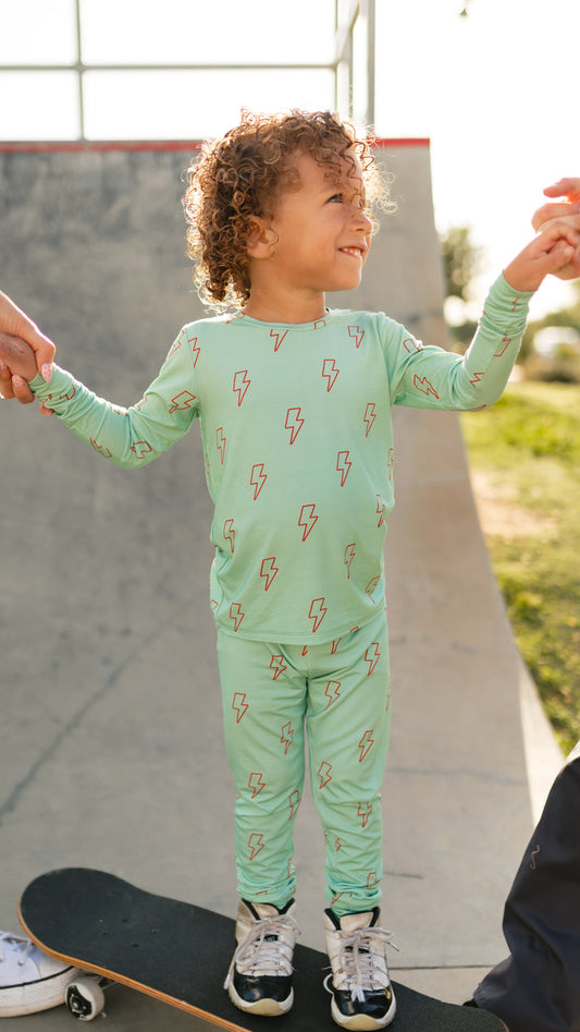 Youth Pajama Set in Teal Lightning