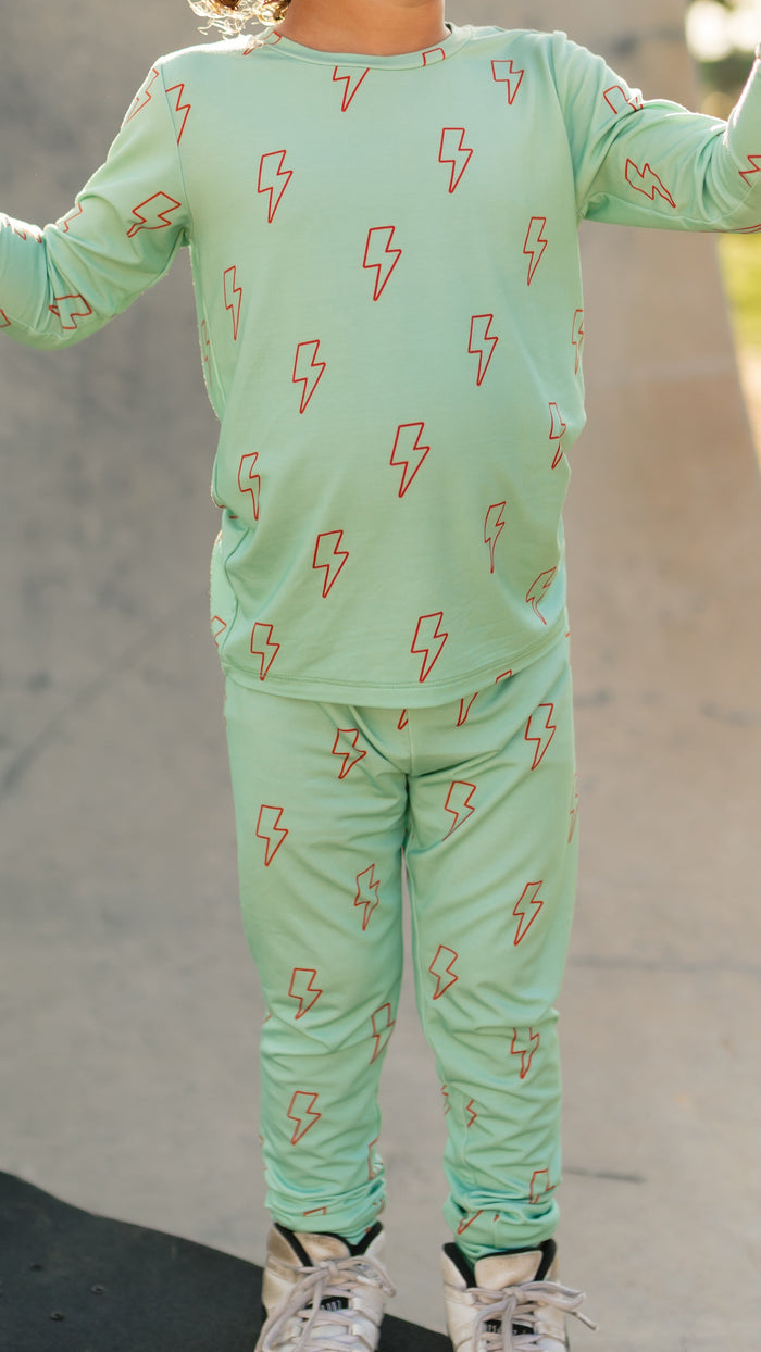 Youth Pajama Set in Teal Lightning