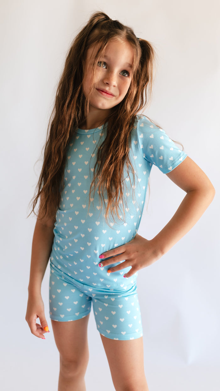 Youth Pajama short sleeve and shorts in Blue Hearts