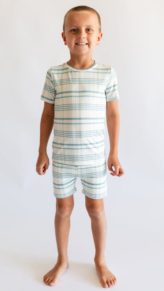 Youth Pajama short sleeve and shorts in Blue Plaid