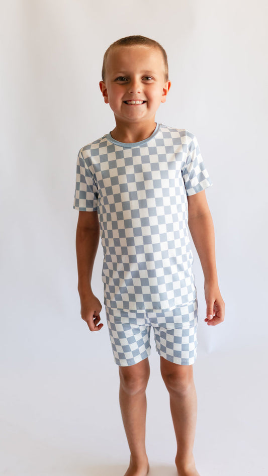 Youth Pajama short sleeve and shorts in Cornflower blue checkered