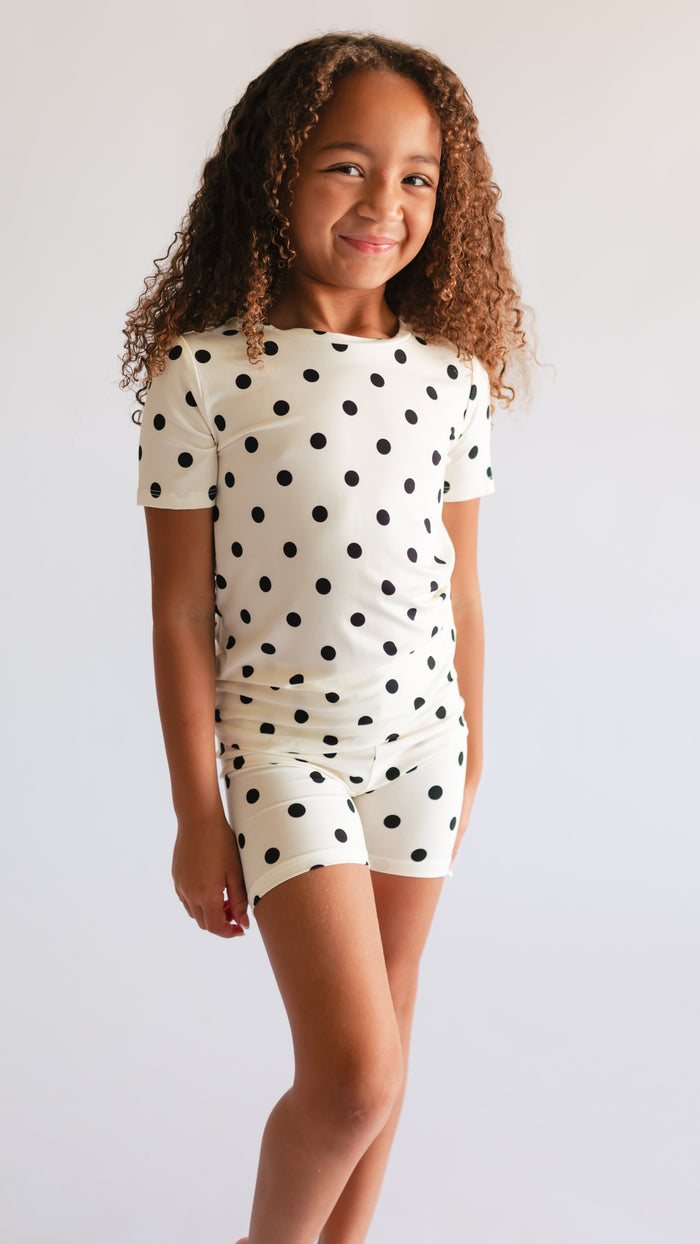Youth Pajama short sleeve and shorts in Cream and black polka dot