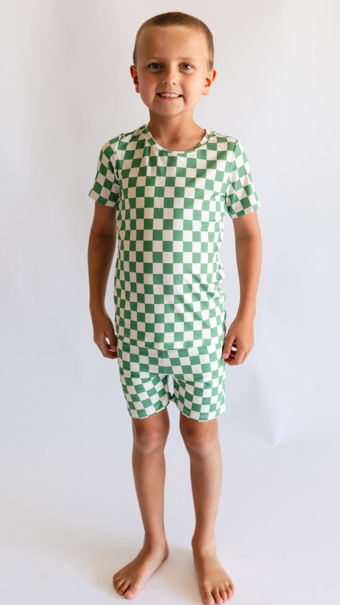 Youth Pajama short sleeve and shorts in Green Checkered