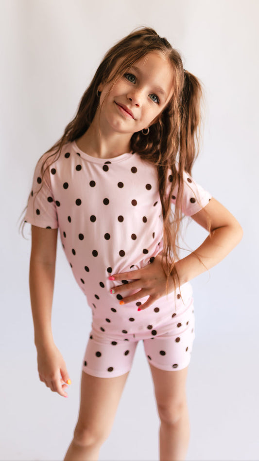 Youth Pajama short sleeve and shorts in Pink and brown poika dot