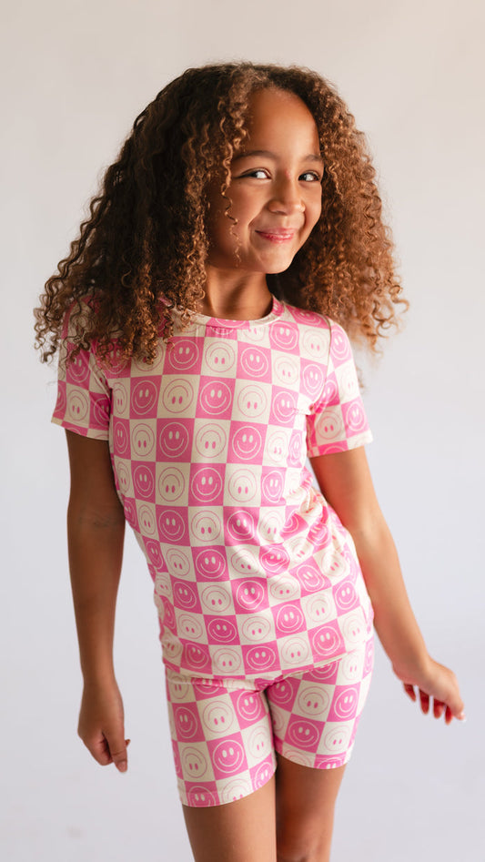 Youth Pajama short sleeve and shorts in Pink Checkered Smiley