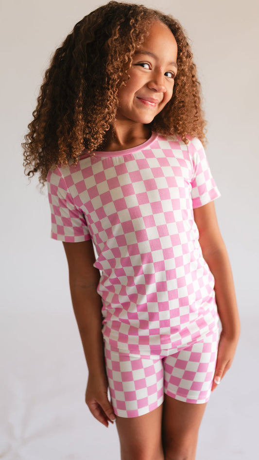 Youth Pajama short sleeve and shorts in Pink Checkered
