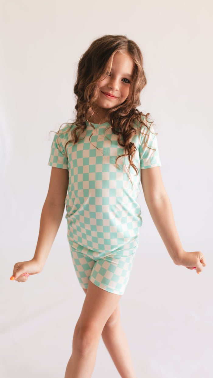 Youth Pajama short sleeve and shorts in Teal Neon Checkered