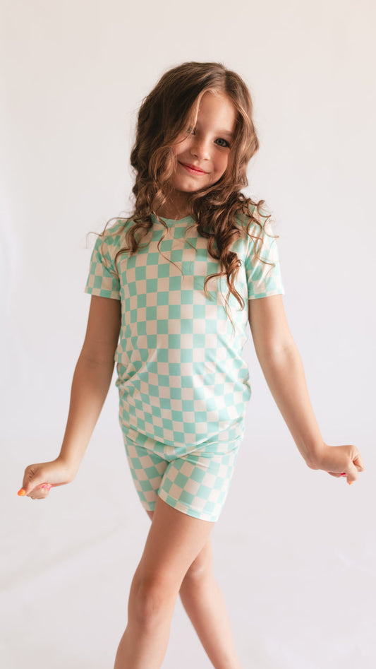 Youth Pajama short sleeve and shorts in Teal Neon Checkered