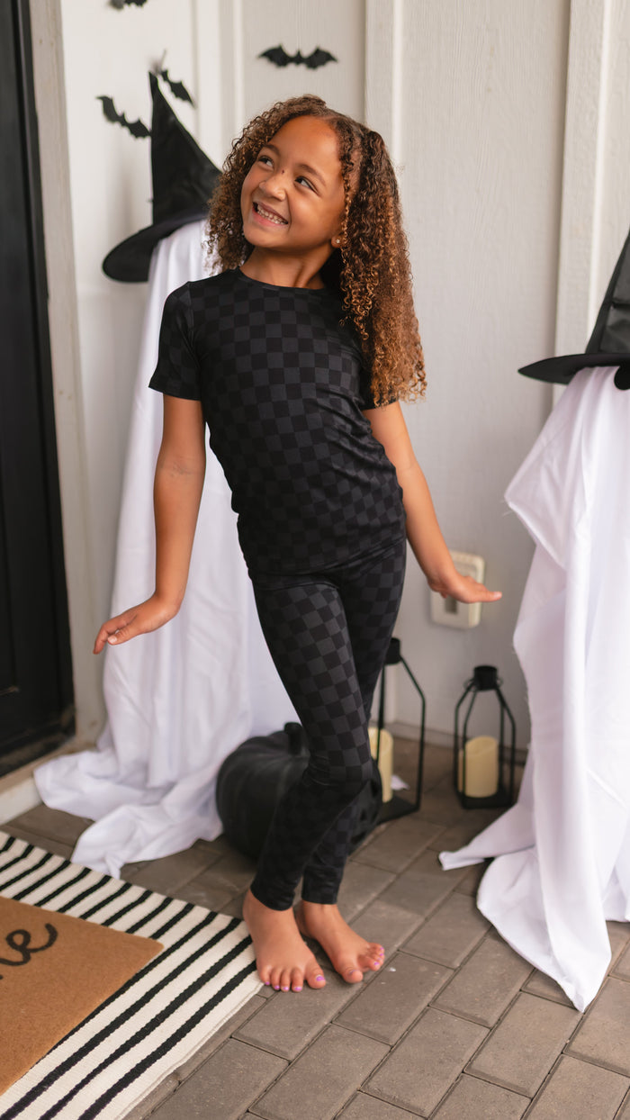 Youth Pajama Shorts sleeve and pants in Grey + Black Checkered