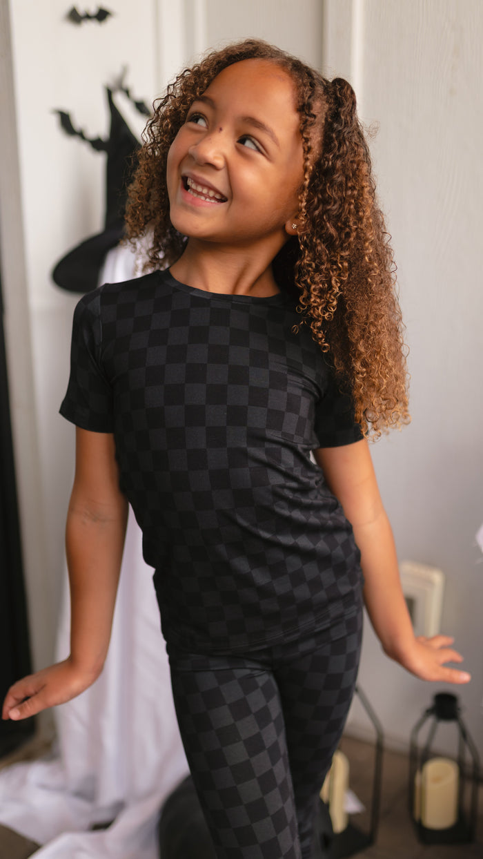 Youth Pajama Shorts sleeve and pants in Grey + Black Checkered