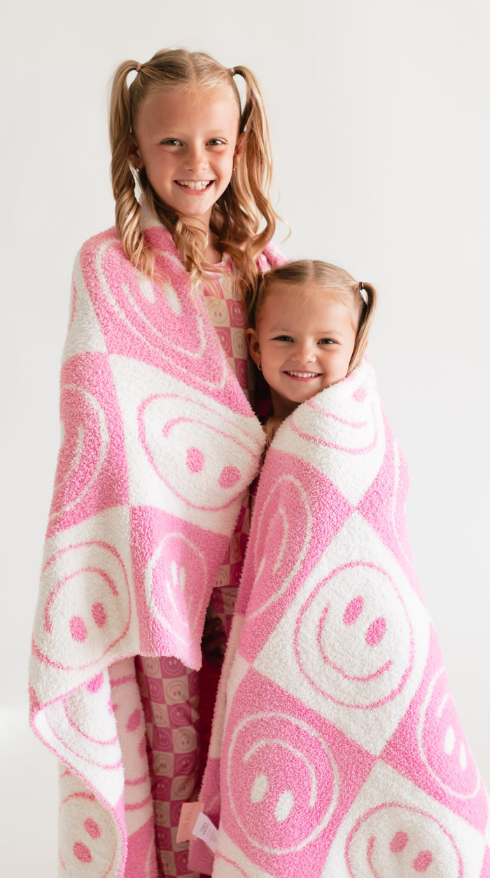 Youth Plush Throw Blanket in Pink Checkered Smiley
