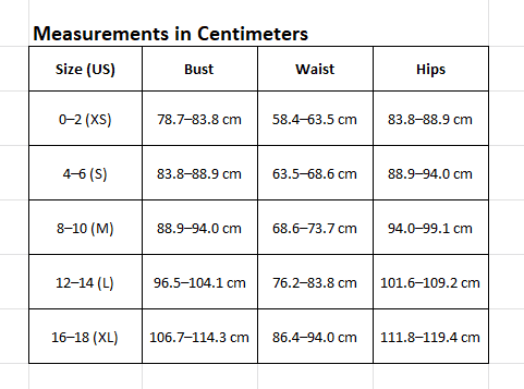 Measurement chart for clothing sizes in centimeters